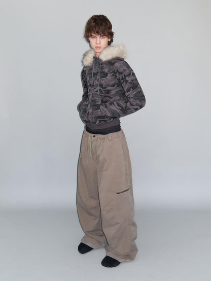 Delivery Spliced Camouflage Frayed Placket Hooded Fur Collar Women&