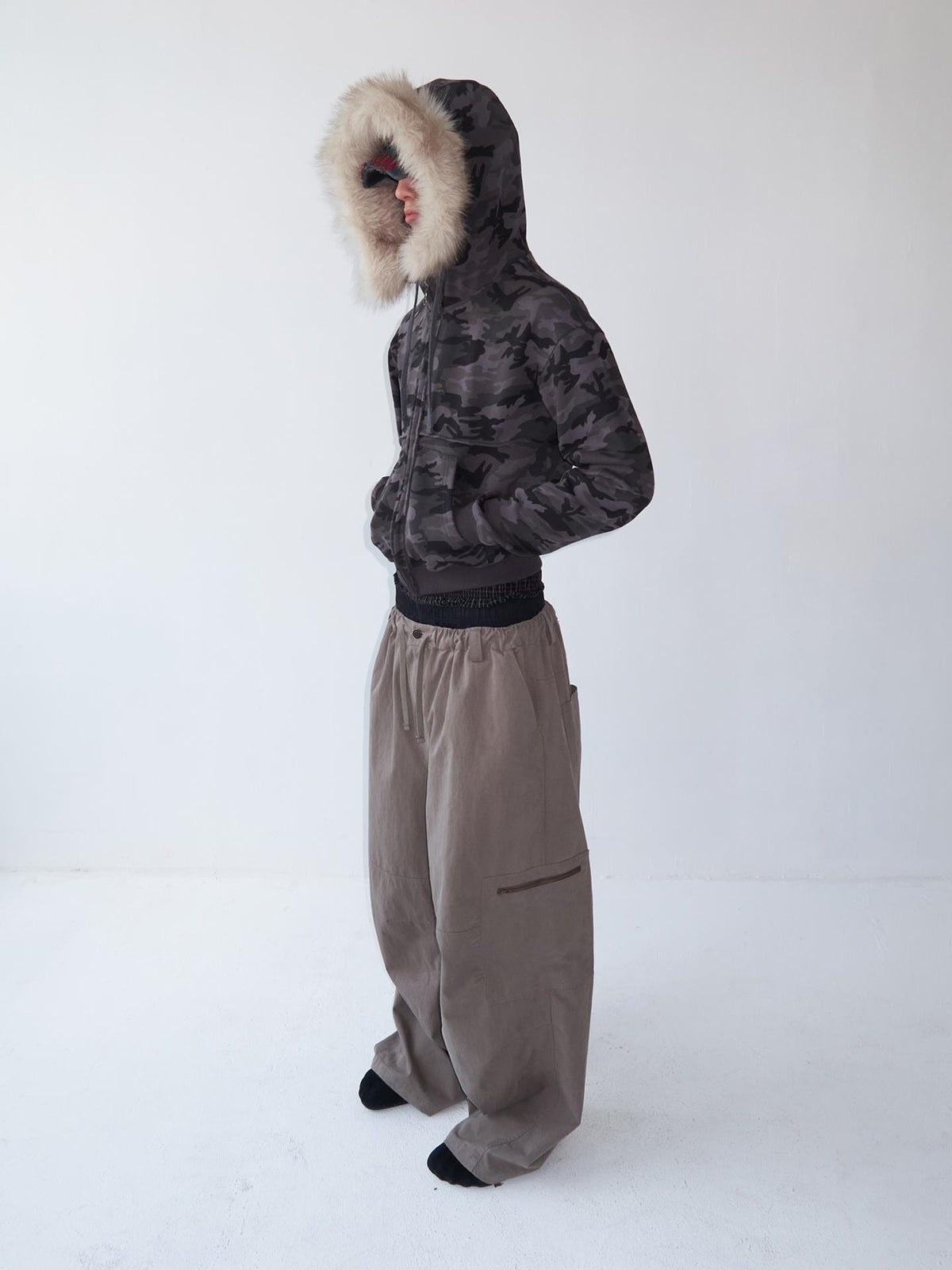 Delivery Spliced Camouflage Frayed Placket Hooded Fur Collar Women&