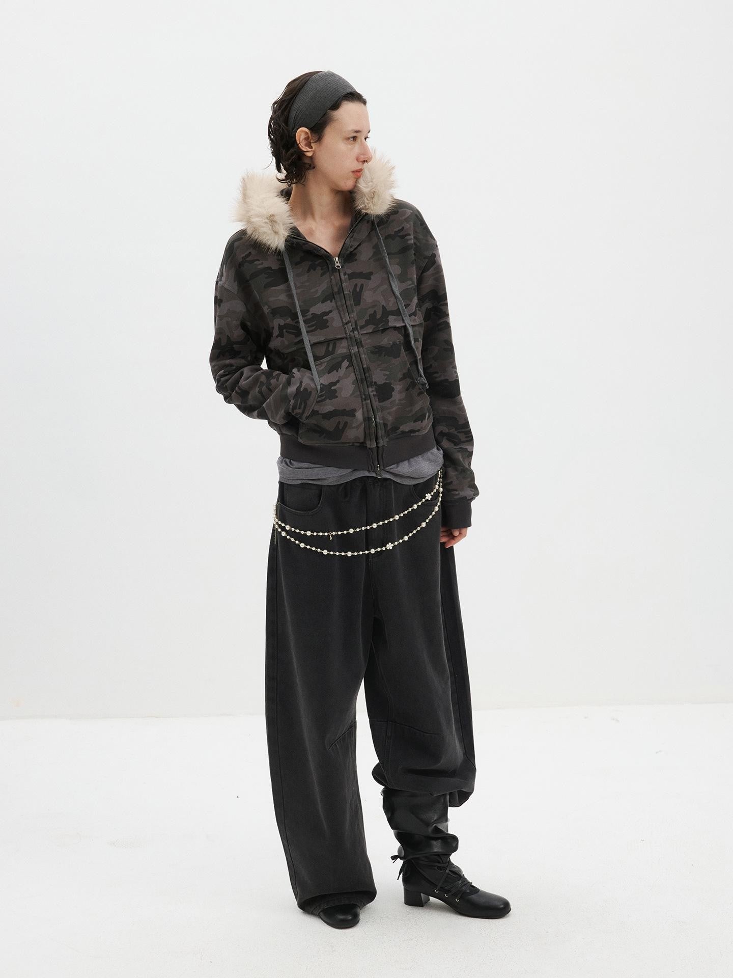 Delivery Spliced Camouflage Frayed Placket Hooded Fur Collar Women&