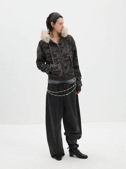 Delivery Spliced Camouflage Frayed Placket Hooded Fur Collar Women&