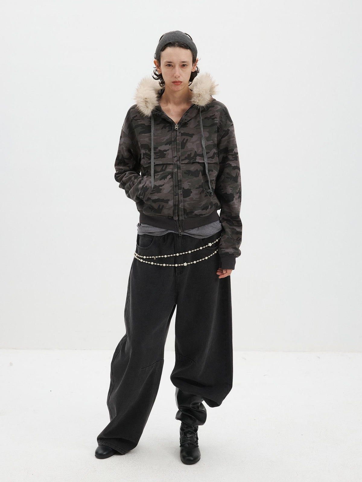Delivery Spliced Camouflage Frayed Placket Hooded Fur Collar Women&