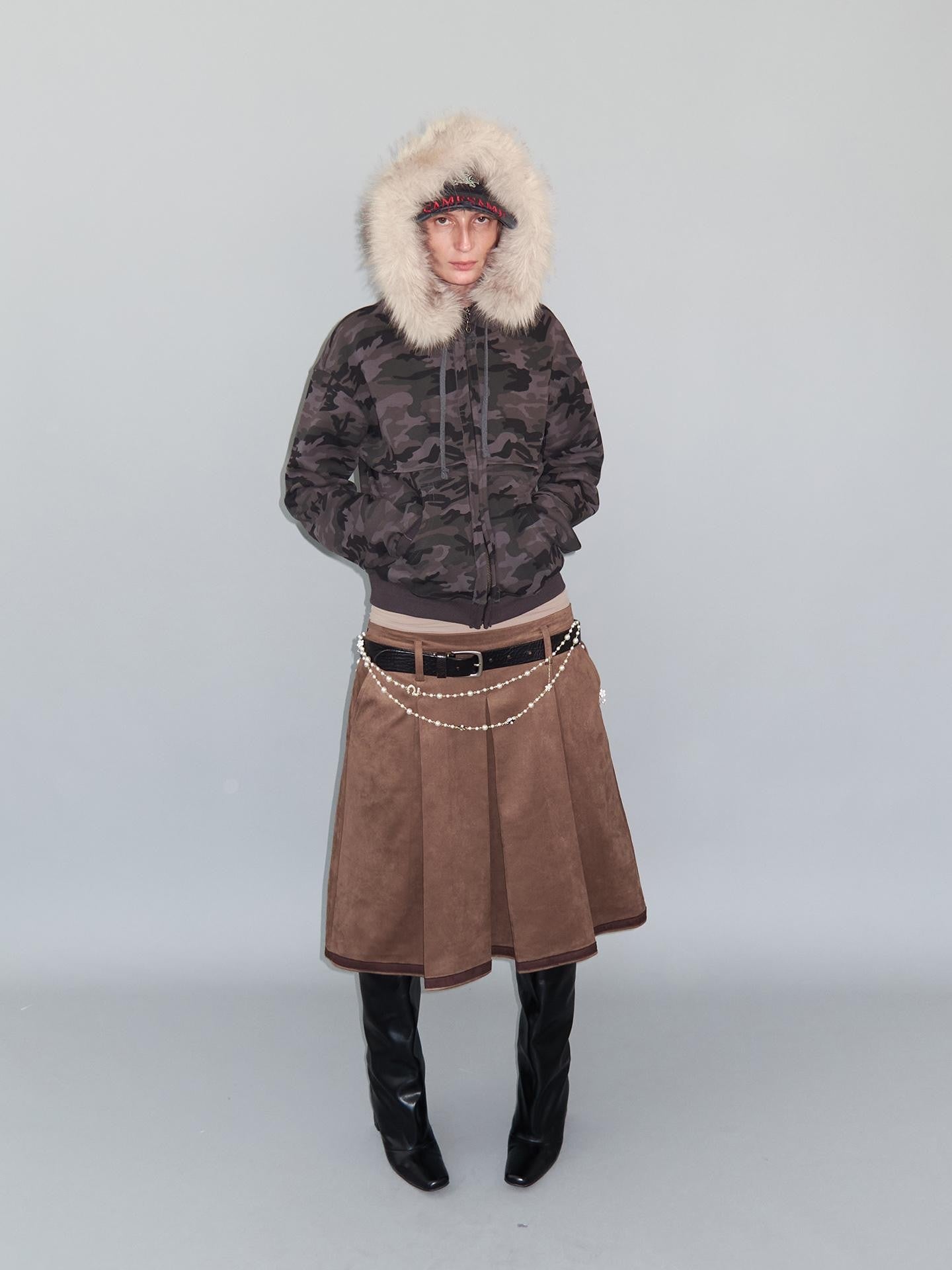 Delivery Spliced Camouflage Frayed Placket Hooded Fur Collar Women&
