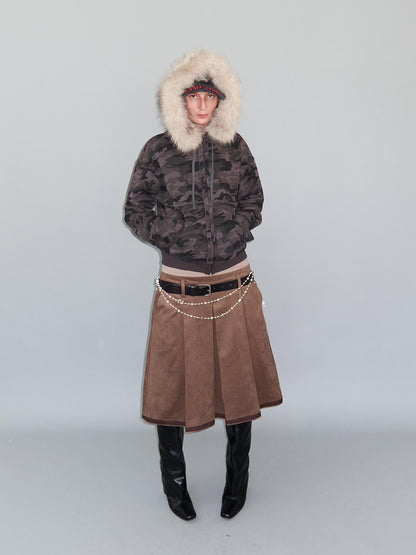 Delivery Spliced Camouflage Frayed Placket Hooded Fur Collar Women&