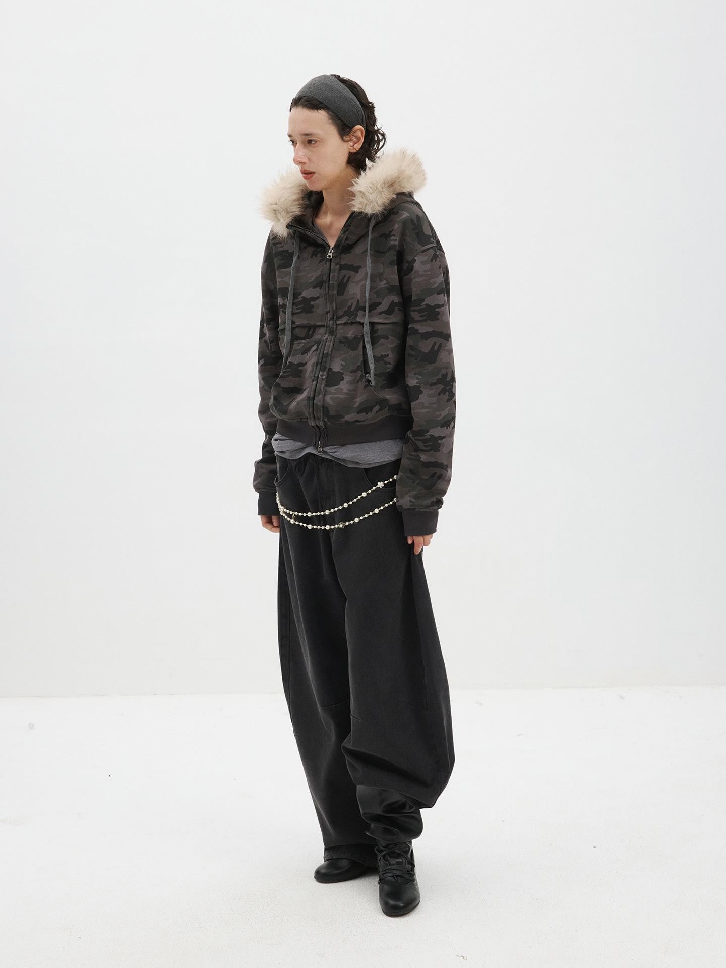 Delivery Spliced Camouflage Frayed Placket Hooded Fur Collar Women&