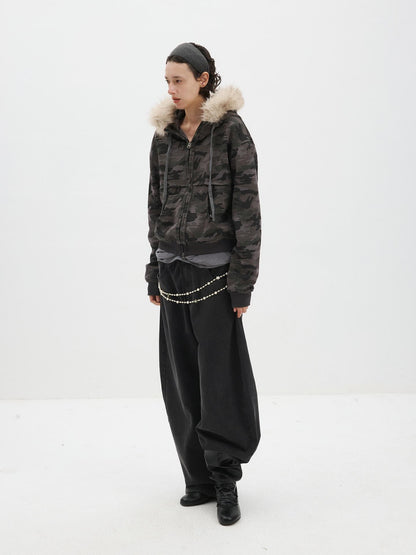 Delivery Spliced Camouflage Frayed Placket Hooded Fur Collar Women&