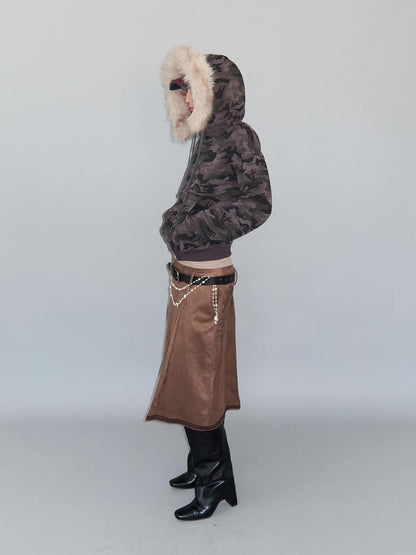 Delivery Spliced Camouflage Frayed Placket Hooded Fur Collar Women&