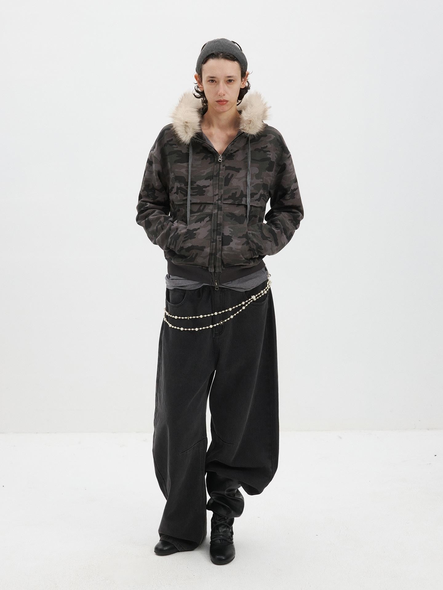 Delivery Spliced Camouflage Frayed Placket Hooded Fur Collar Women&