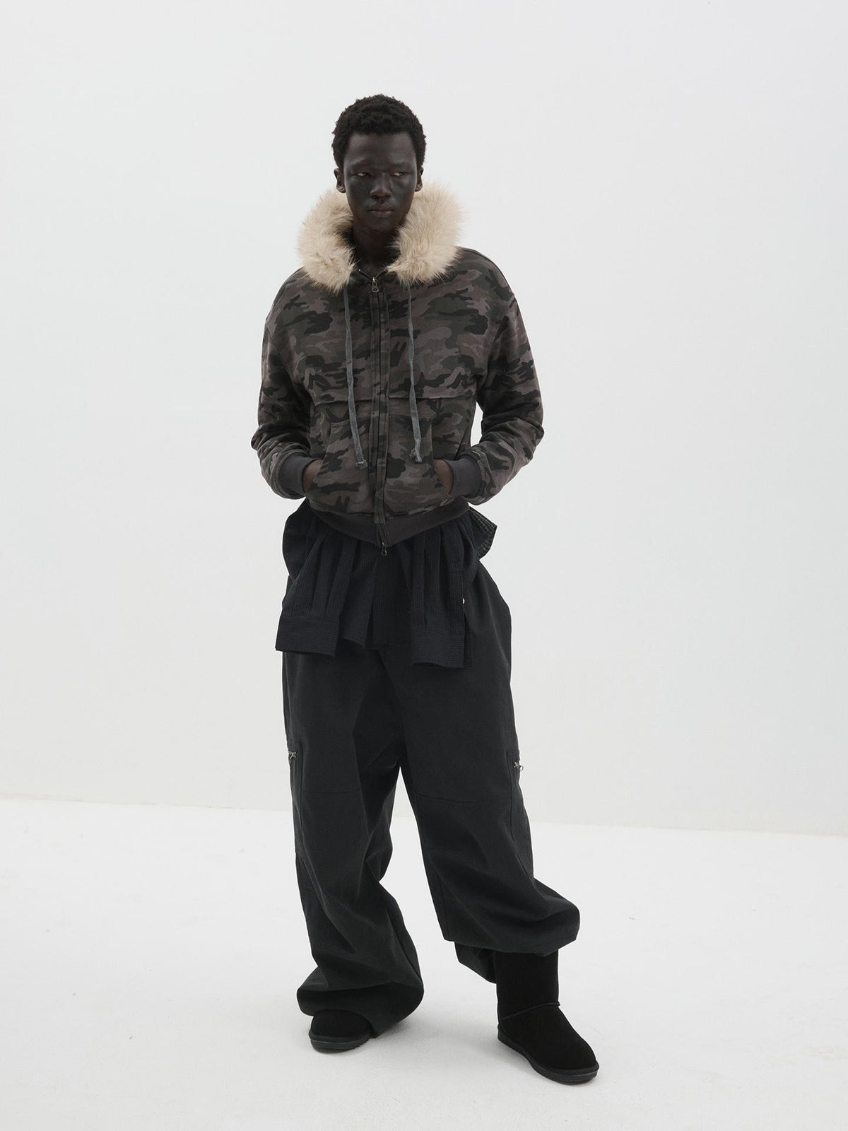 Delivery Spliced Camouflage Frayed Placket Hooded Fur Collar Women&