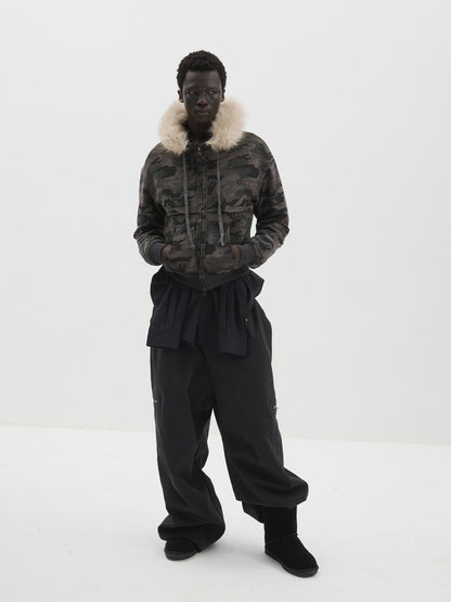 Delivery Spliced Camouflage Frayed Placket Hooded Fur Collar Women&