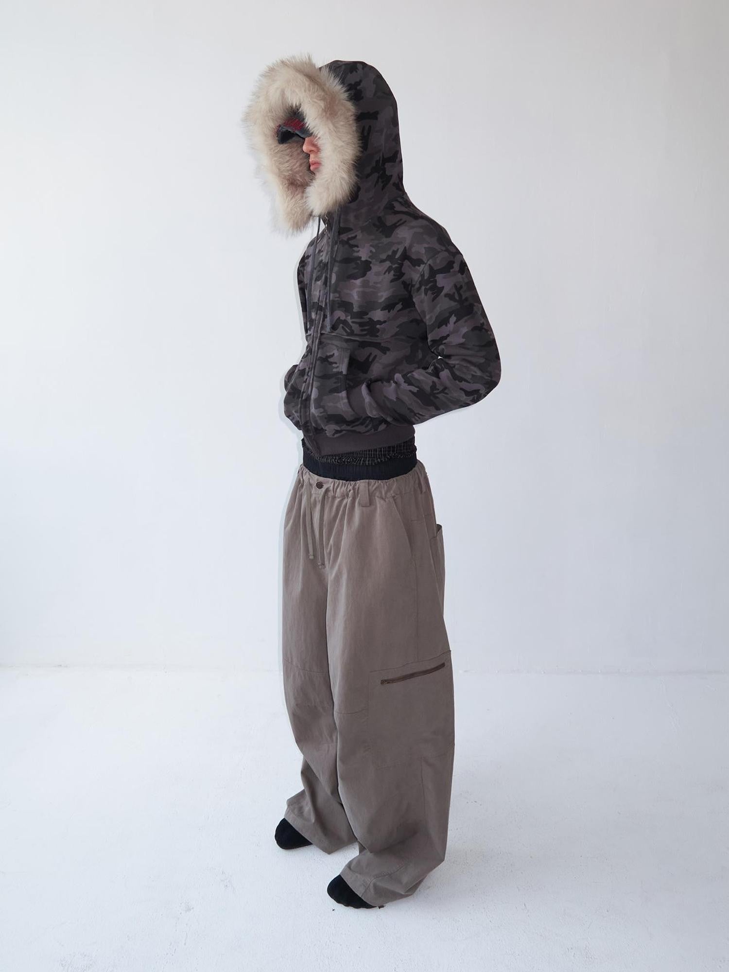 Delivery Spliced Camouflage Frayed Placket Hooded Fur Collar Women&