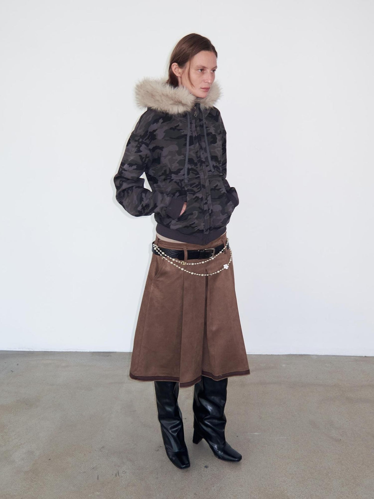 Delivery Spliced Camouflage Frayed Placket Hooded Fur Collar Women&