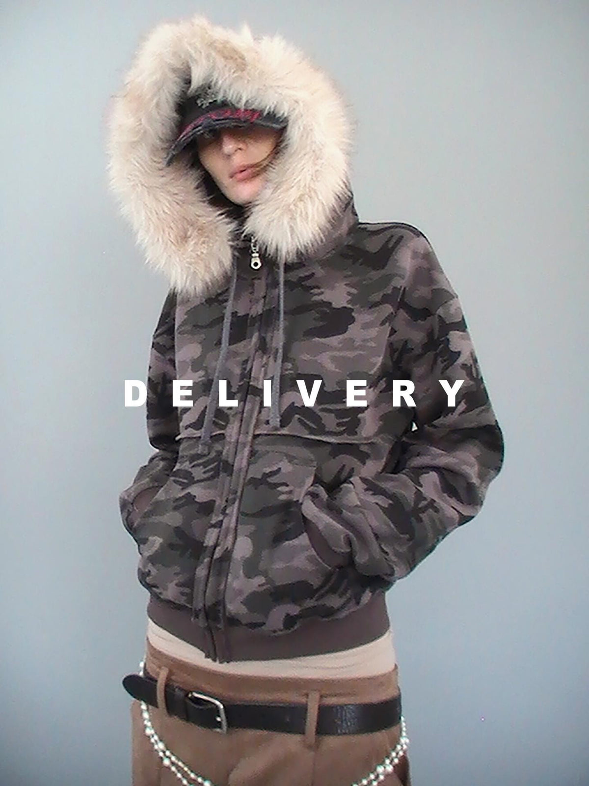 Delivery Spliced Camouflage Frayed Placket Hooded Fur Collar Women&