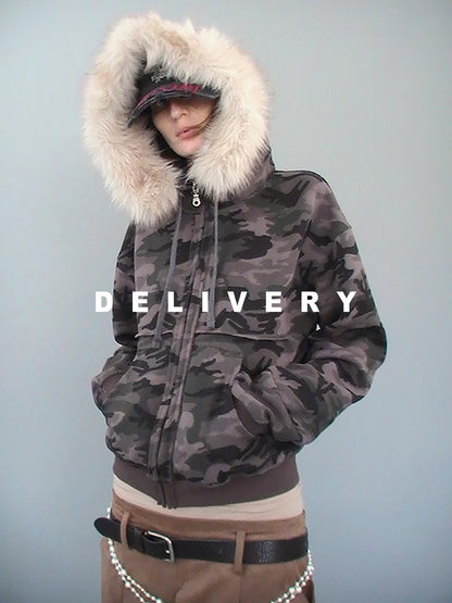 Delivery Spliced Camouflage Frayed Placket Hooded Fur Collar Women&