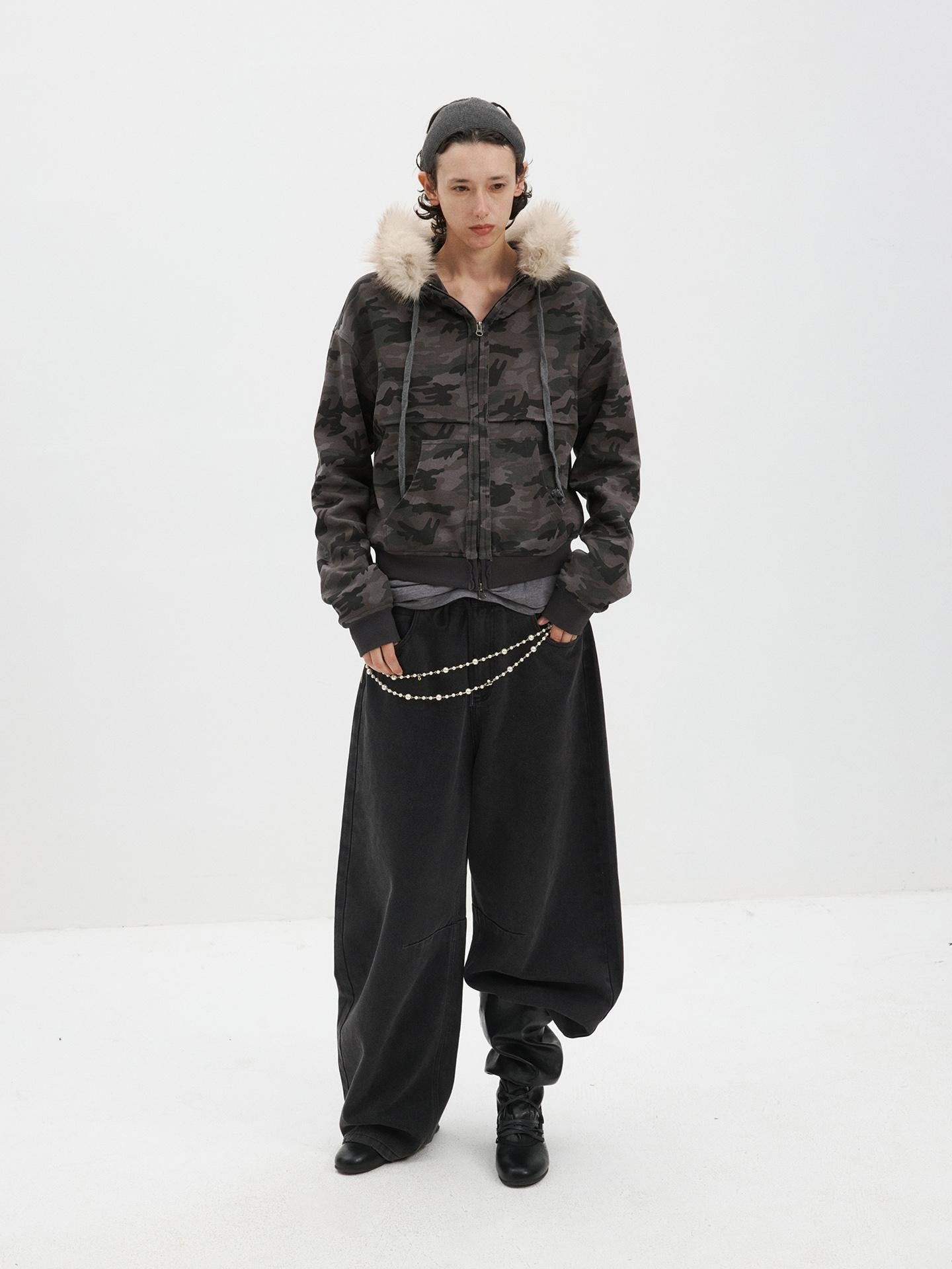 Delivery Spliced Camouflage Frayed Placket Hooded Fur Collar Women&