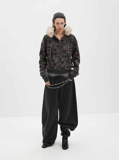Delivery Spliced Camouflage Frayed Placket Hooded Fur Collar Women&