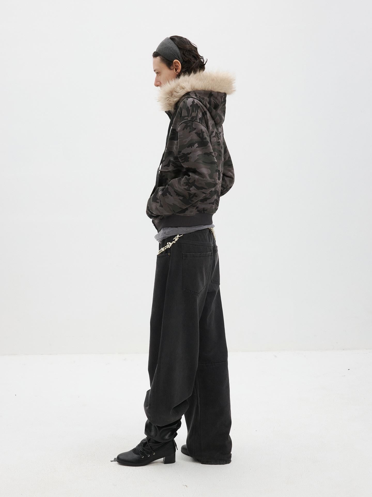 Delivery Spliced Camouflage Frayed Placket Hooded Fur Collar Women&