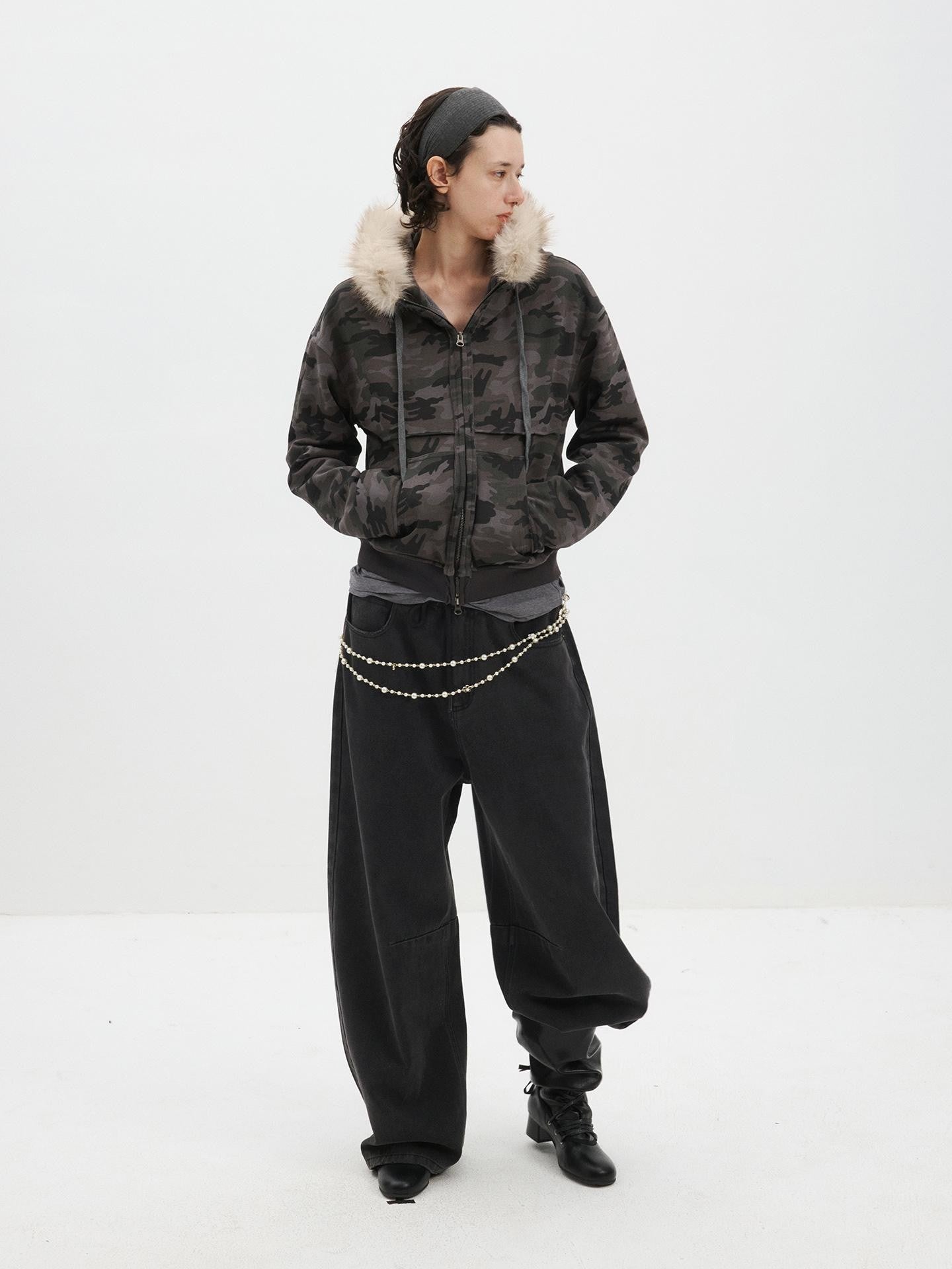 Delivery Spliced Camouflage Frayed Placket Hooded Fur Collar Women&