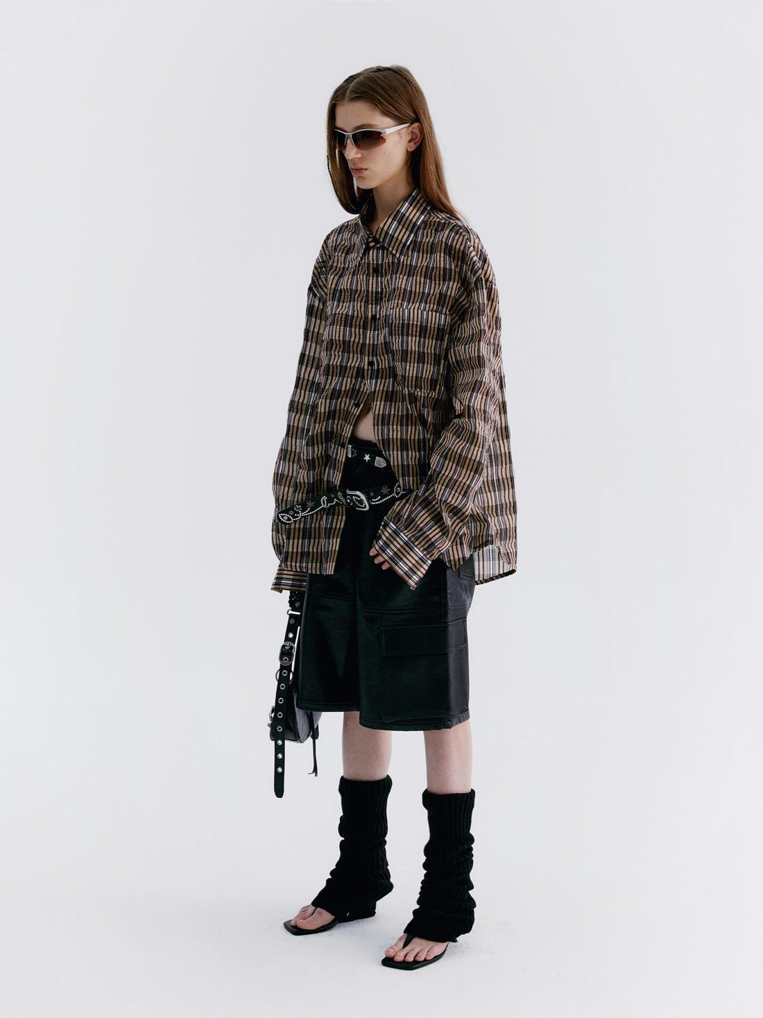 Delivery Textured Bubble Gauze Shirt And Shorts Set In Yellow Brown Black Check