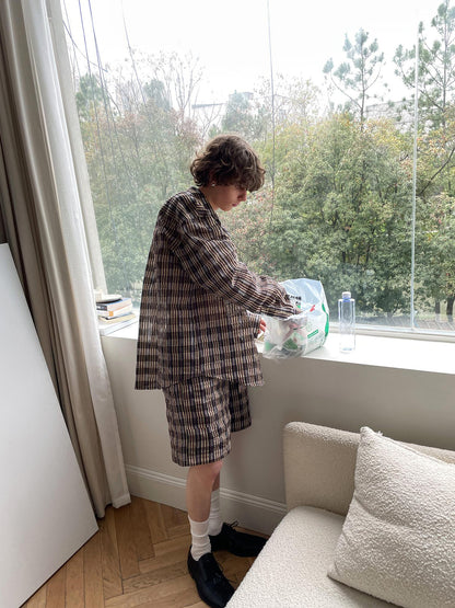 Delivery Textured Bubble Gauze Shirt And Shorts Set In Yellow Brown Black Check