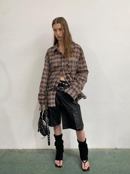 Delivery Textured Bubble Gauze Shirt And Shorts Set In Yellow Brown Black Check