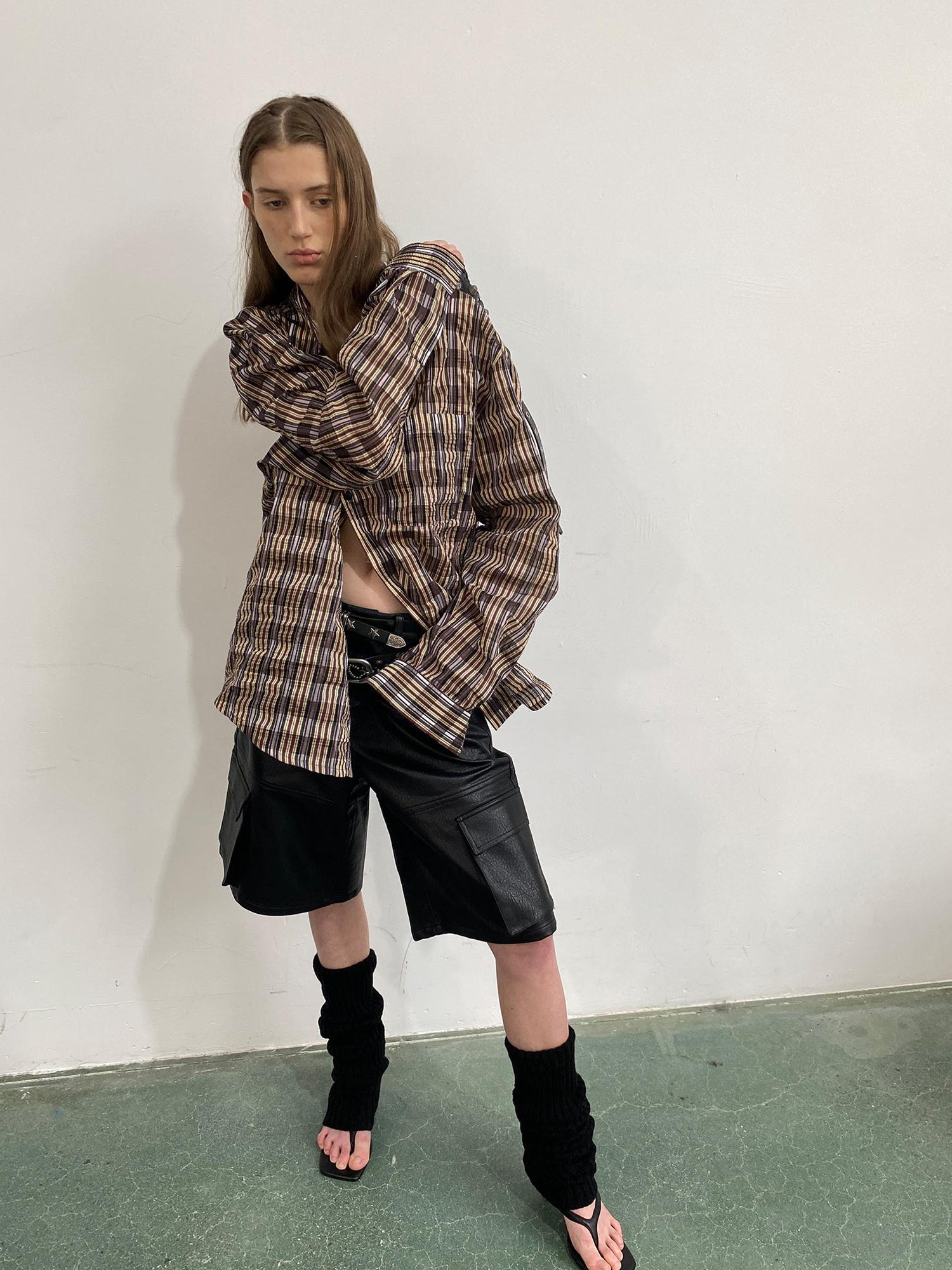 Delivery Textured Bubble Gauze Shirt And Shorts Set In Yellow Brown Black Check