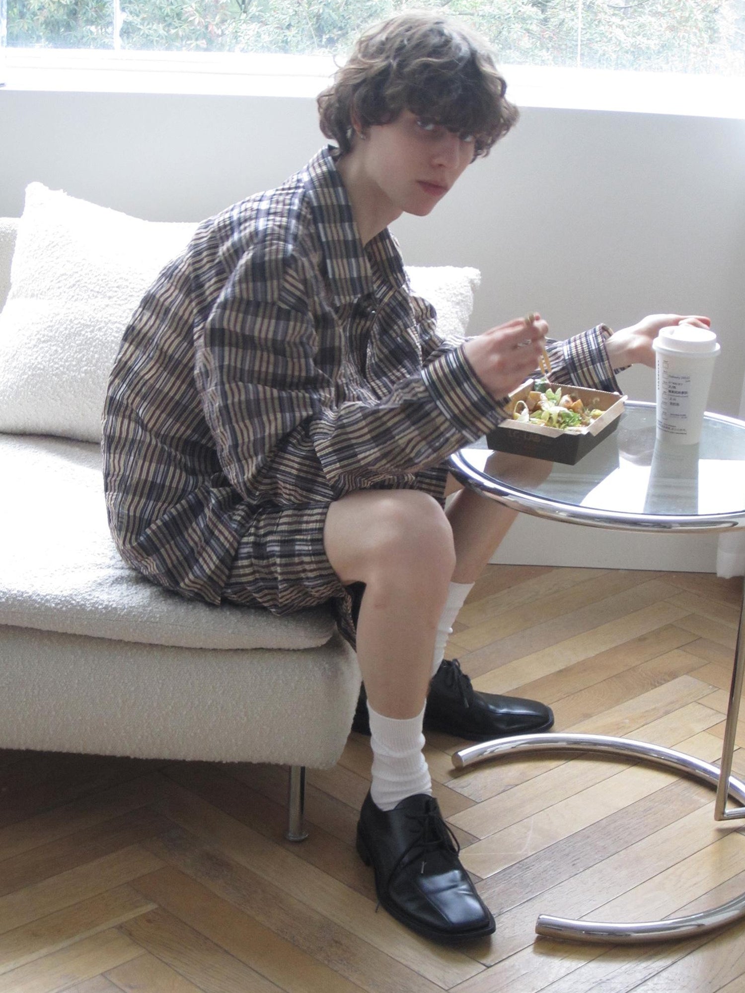 Delivery Textured Bubble Gauze Shirt And Shorts Set In Yellow Brown Black Check