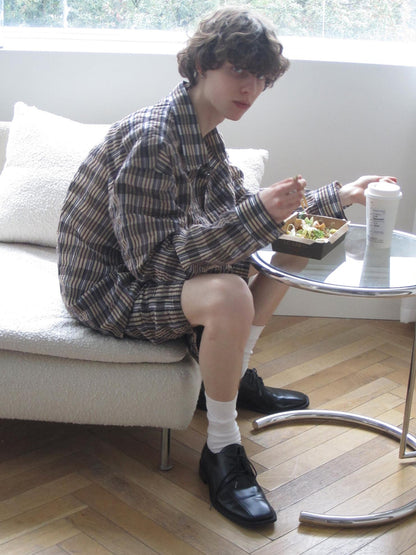 Delivery Textured Bubble Gauze Shirt And Shorts Set In Yellow Brown Black Check