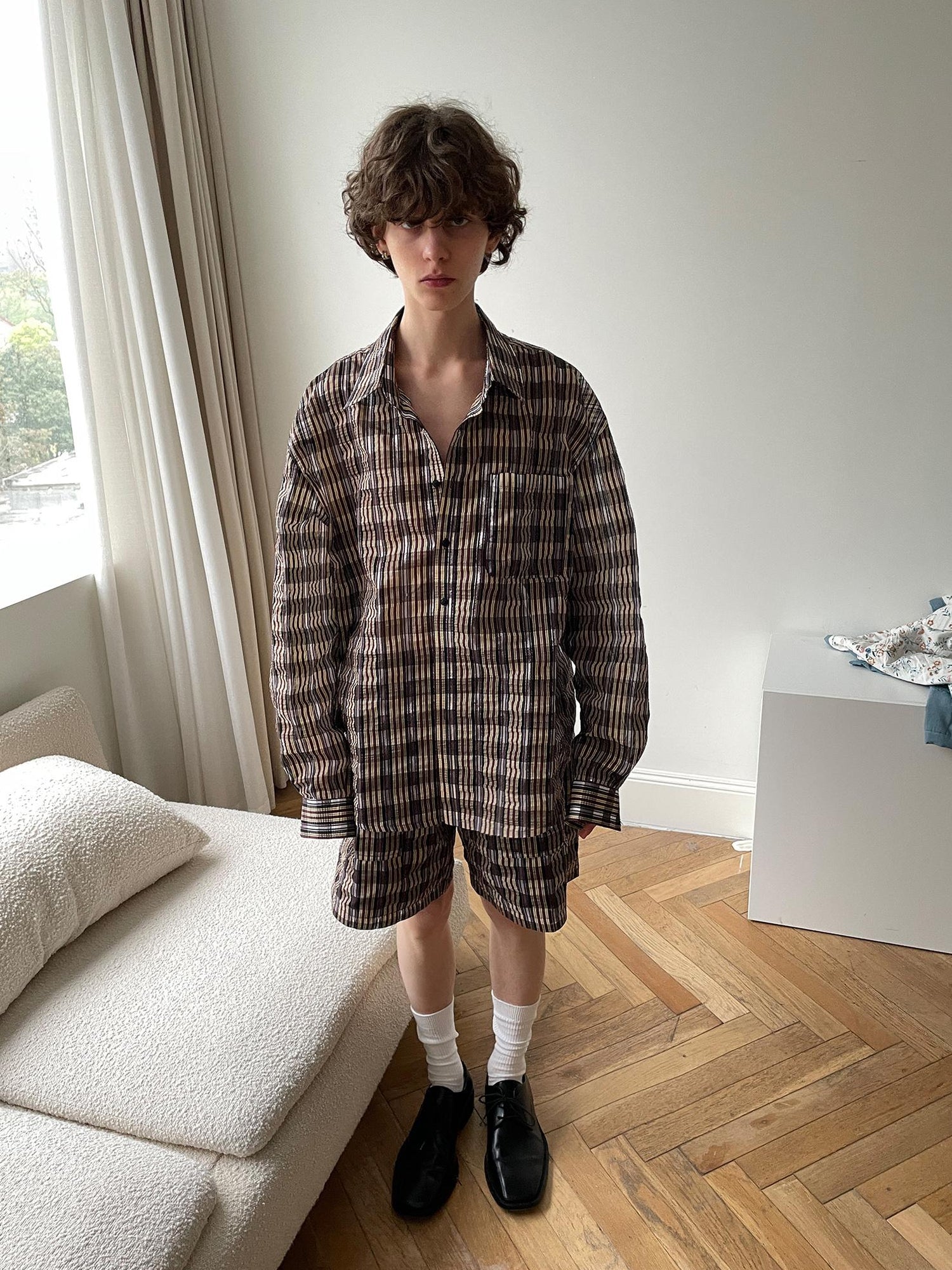Delivery Textured Bubble Gauze Shirt And Shorts Set In Yellow Brown Black Check