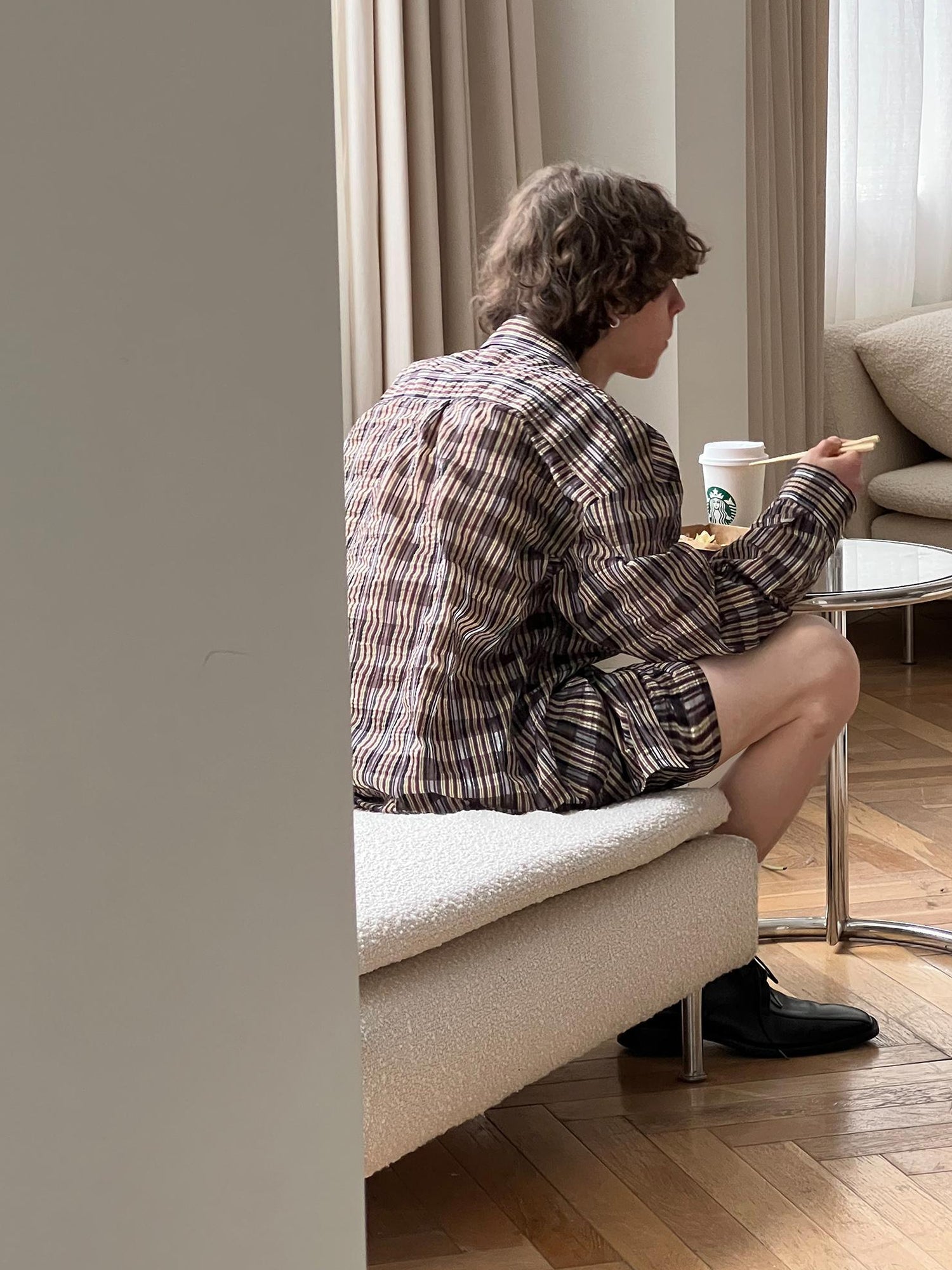 Delivery Textured Bubble Gauze Shirt And Shorts Set In Yellow Brown Black Check
