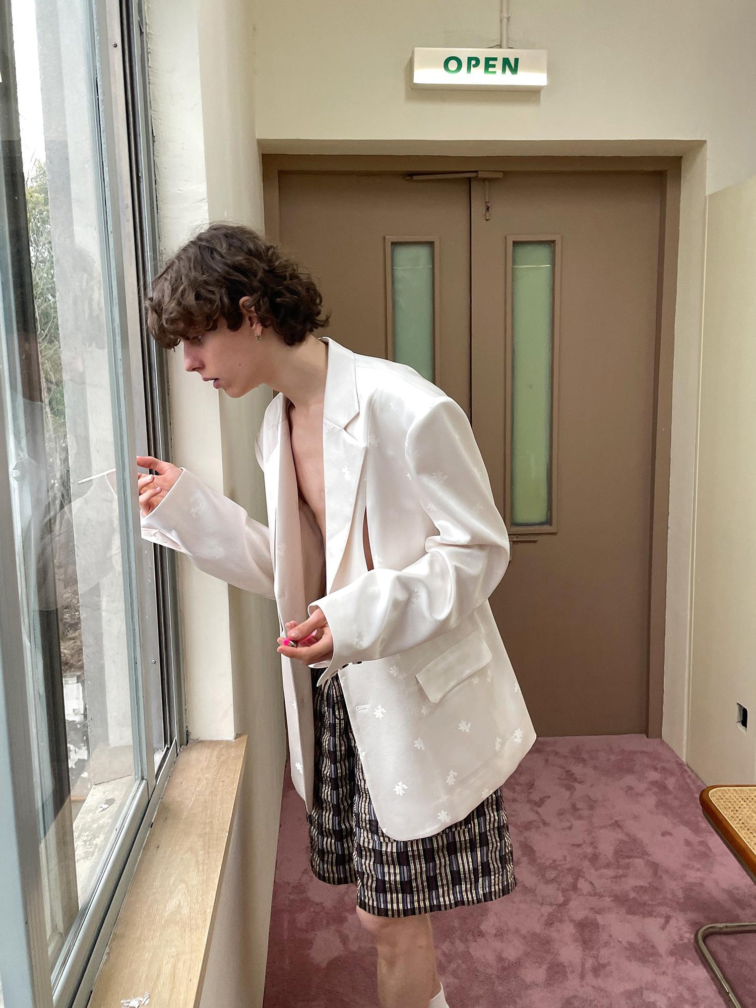 Delivery Textured Bubble Gauze Shirt And Shorts Set In Yellow Brown Black Check