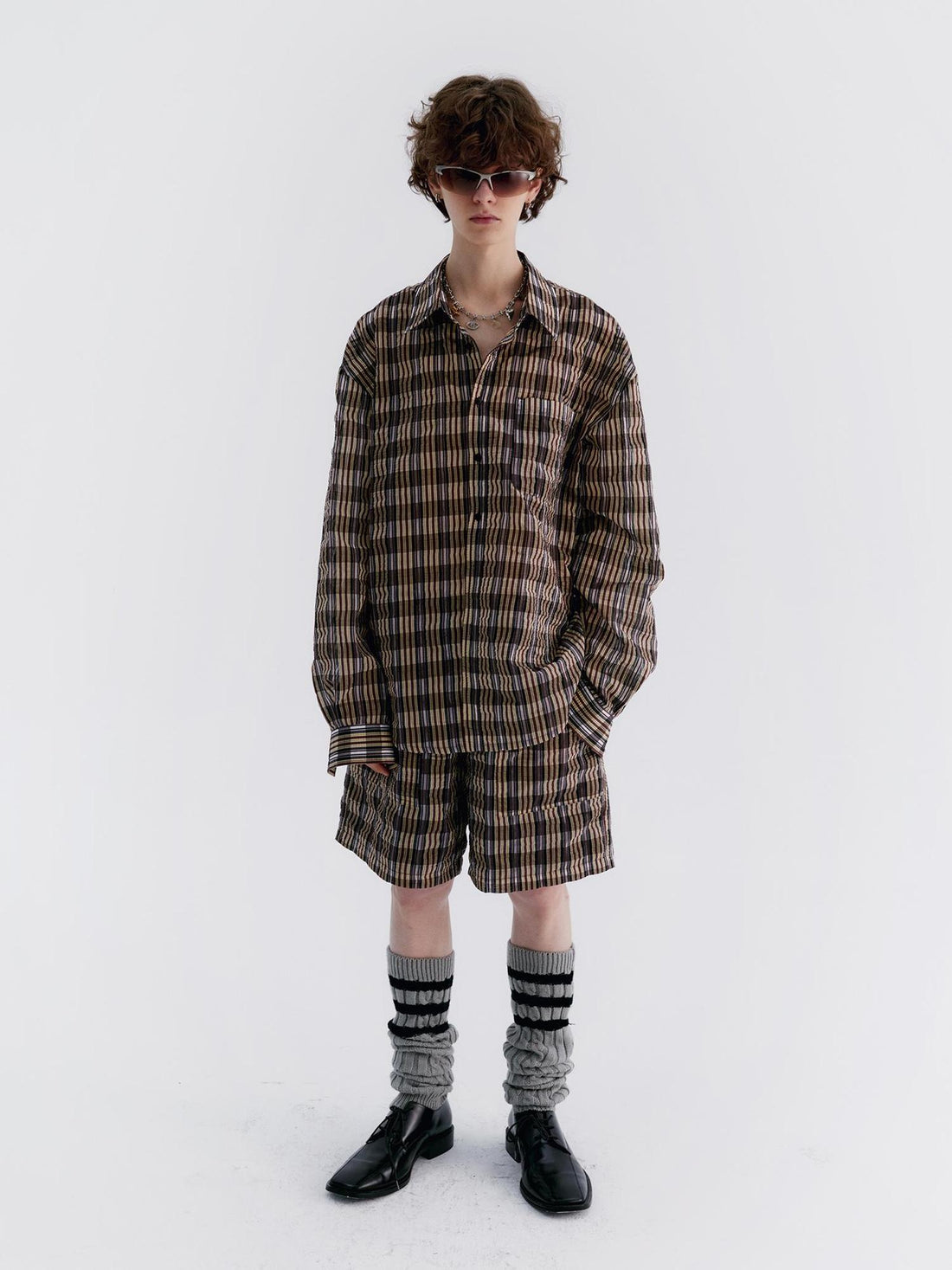 Delivery Textured Bubble Gauze Shirt And Shorts Set In Yellow Brown Black Check
