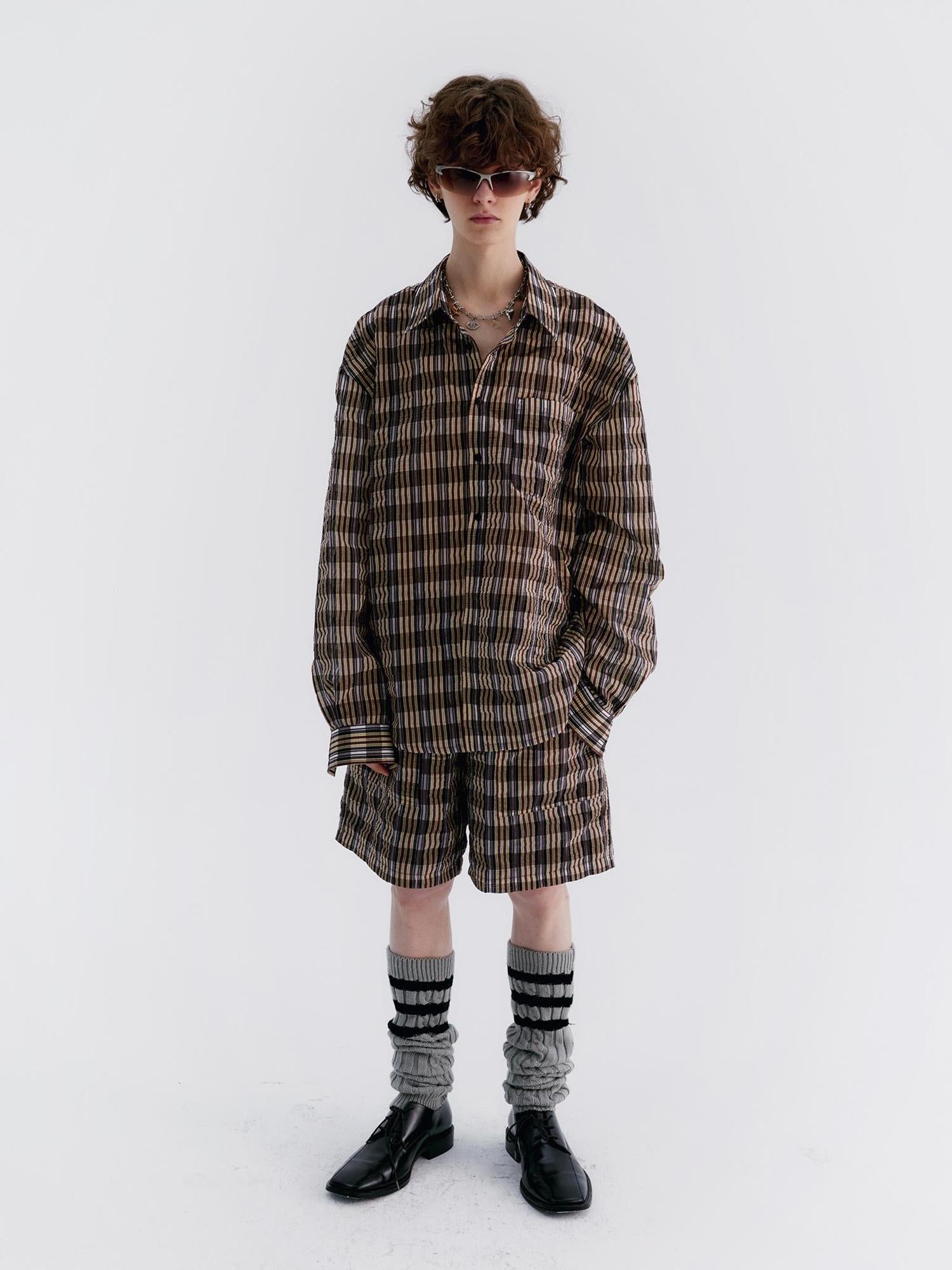 Delivery Textured Bubble Gauze Shirt And Shorts Set In Yellow Brown Black Check