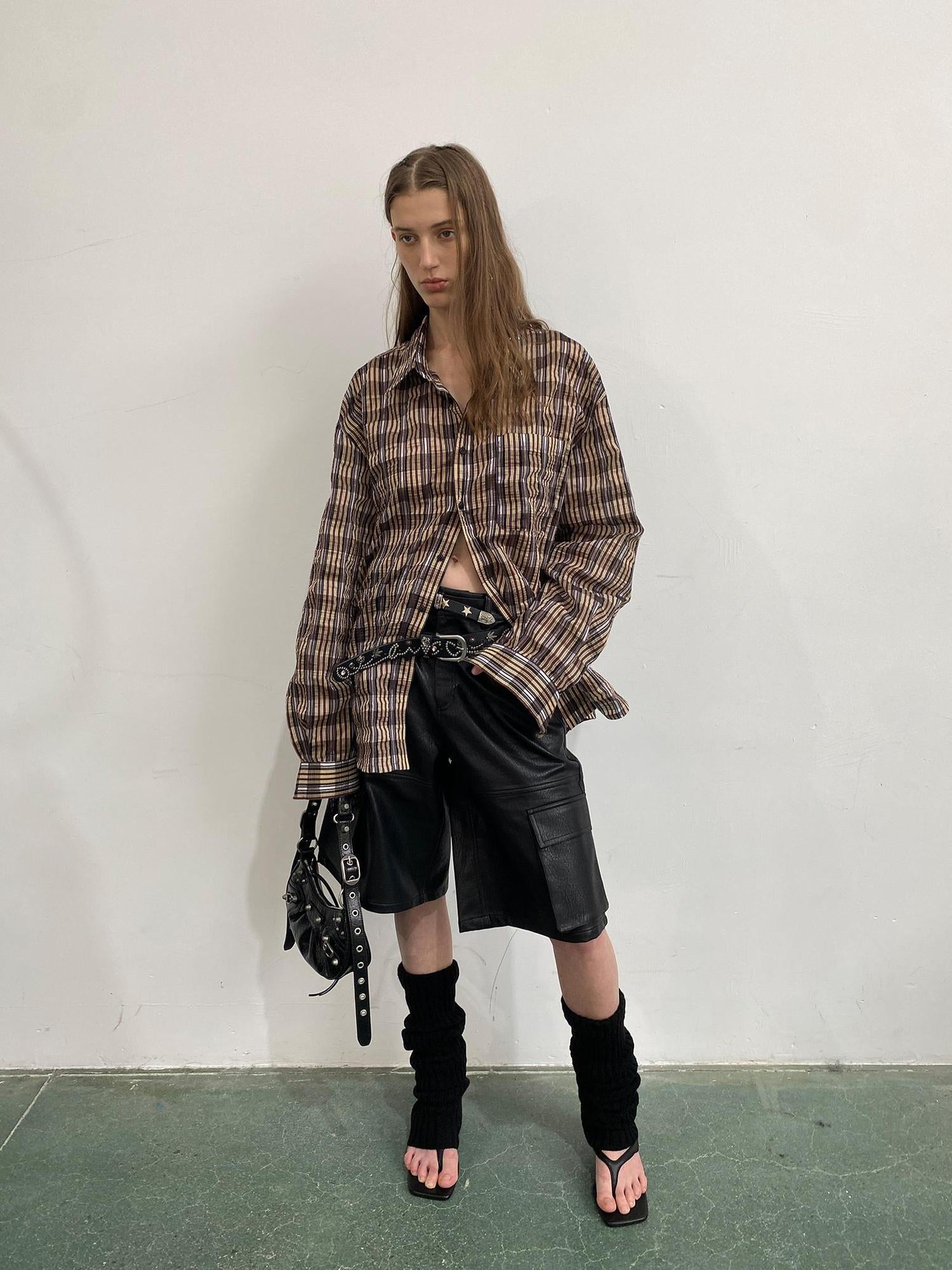 Delivery Textured Bubble Gauze Shirt And Shorts Set In Yellow Brown Black Check