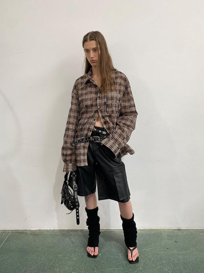 Delivery Textured Bubble Gauze Shirt And Shorts Set In Yellow Brown Black Check