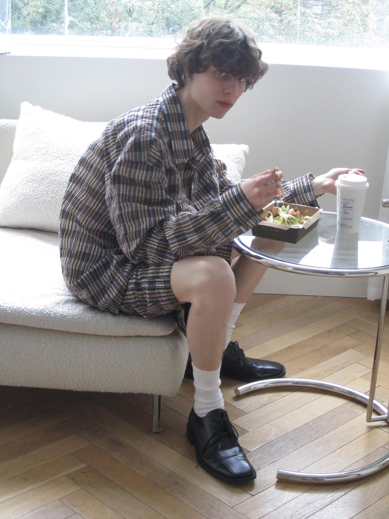 Delivery Textured Bubble Gauze Shirt And Shorts Set In Yellow Brown Black Check