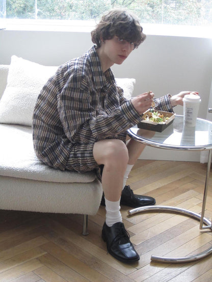 Delivery Textured Bubble Gauze Shirt And Shorts Set In Yellow Brown Black Check