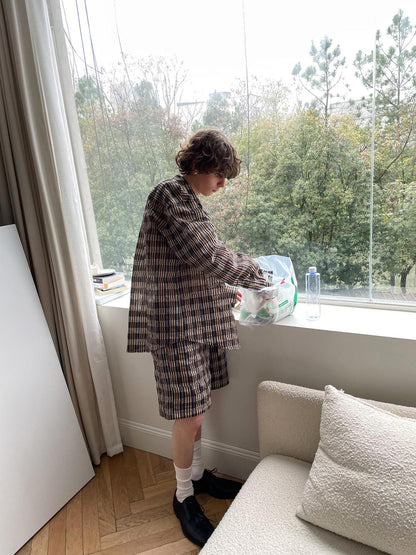 Delivery Textured Bubble Gauze Shirt And Shorts Set In Yellow Brown Black Check