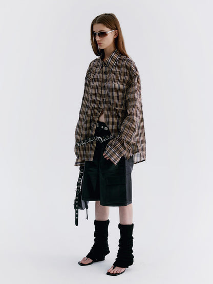 Delivery Textured Bubble Gauze Shirt And Shorts Set In Yellow Brown Black Check