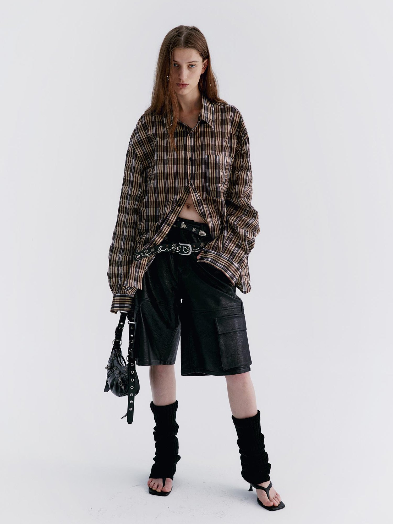 Delivery Textured Bubble Gauze Shirt And Shorts Set In Yellow Brown Black Check