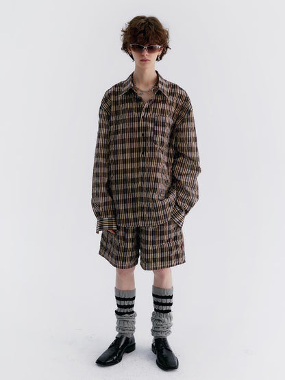 Delivery Textured Bubble Gauze Shirt And Shorts Set In Yellow Brown Black Check