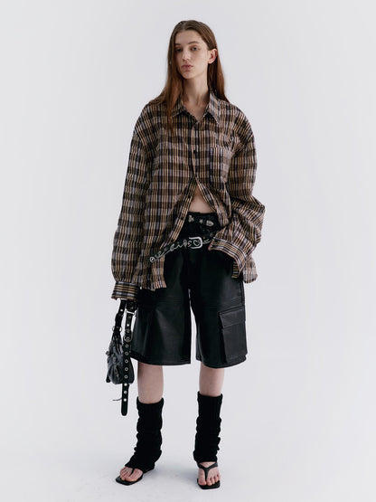 Delivery Textured Bubble Gauze Shirt And Shorts Set In Yellow Brown Black Check
