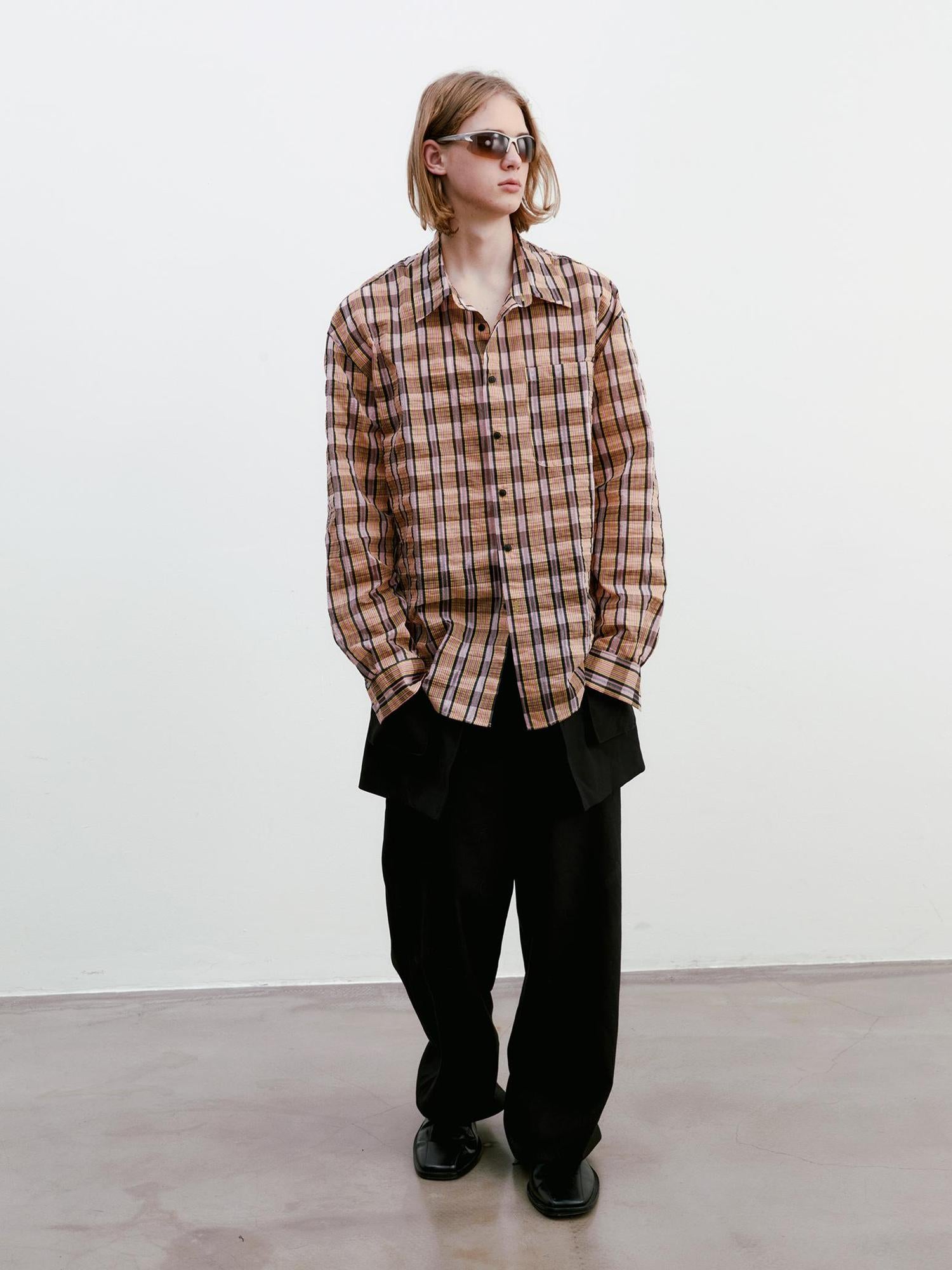 Delivery Textured Bubble Yarn Checkered Shirt With Sheen
