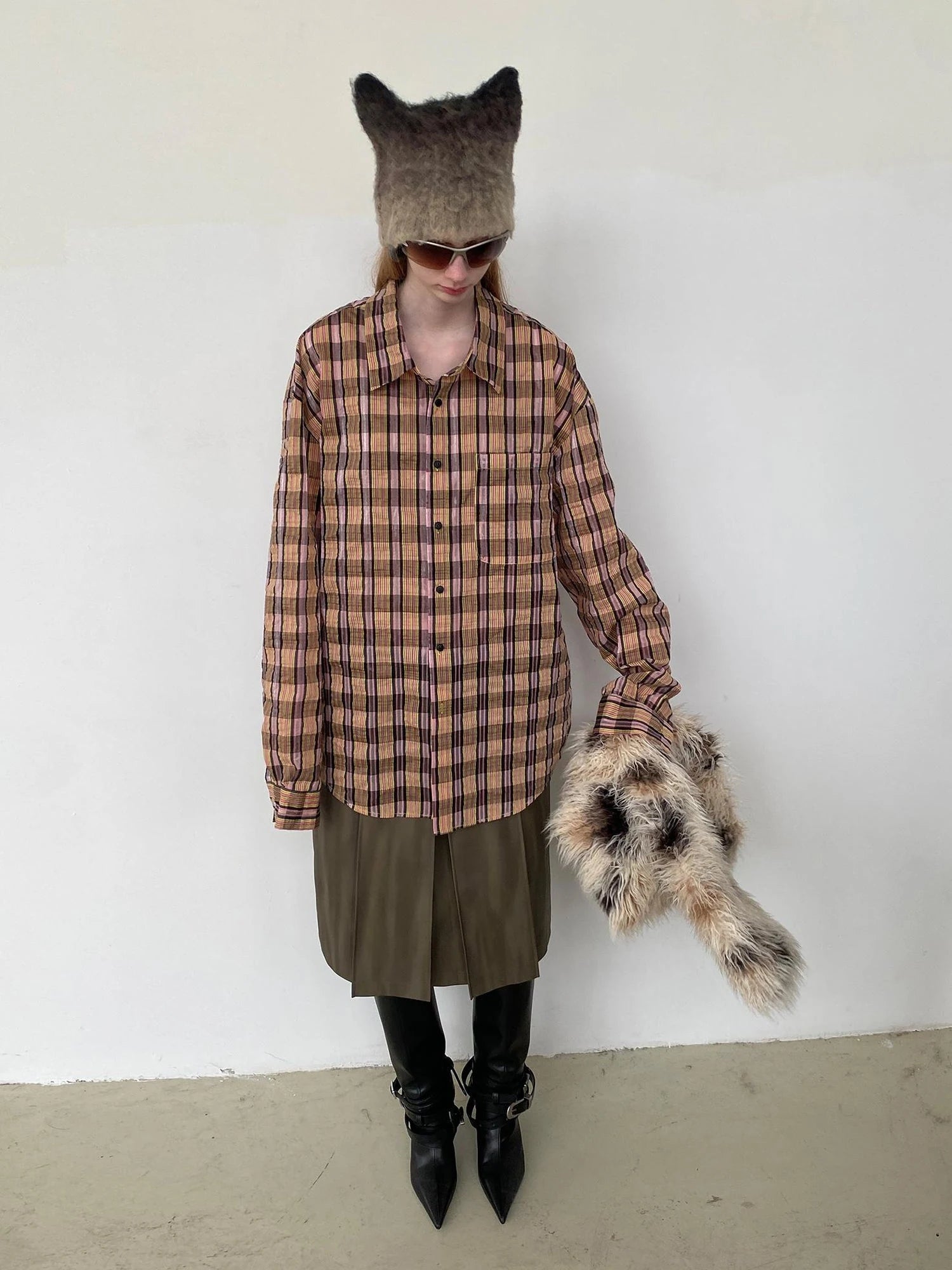 Textured Bubble Yarn Checkered Shirt With Sheen