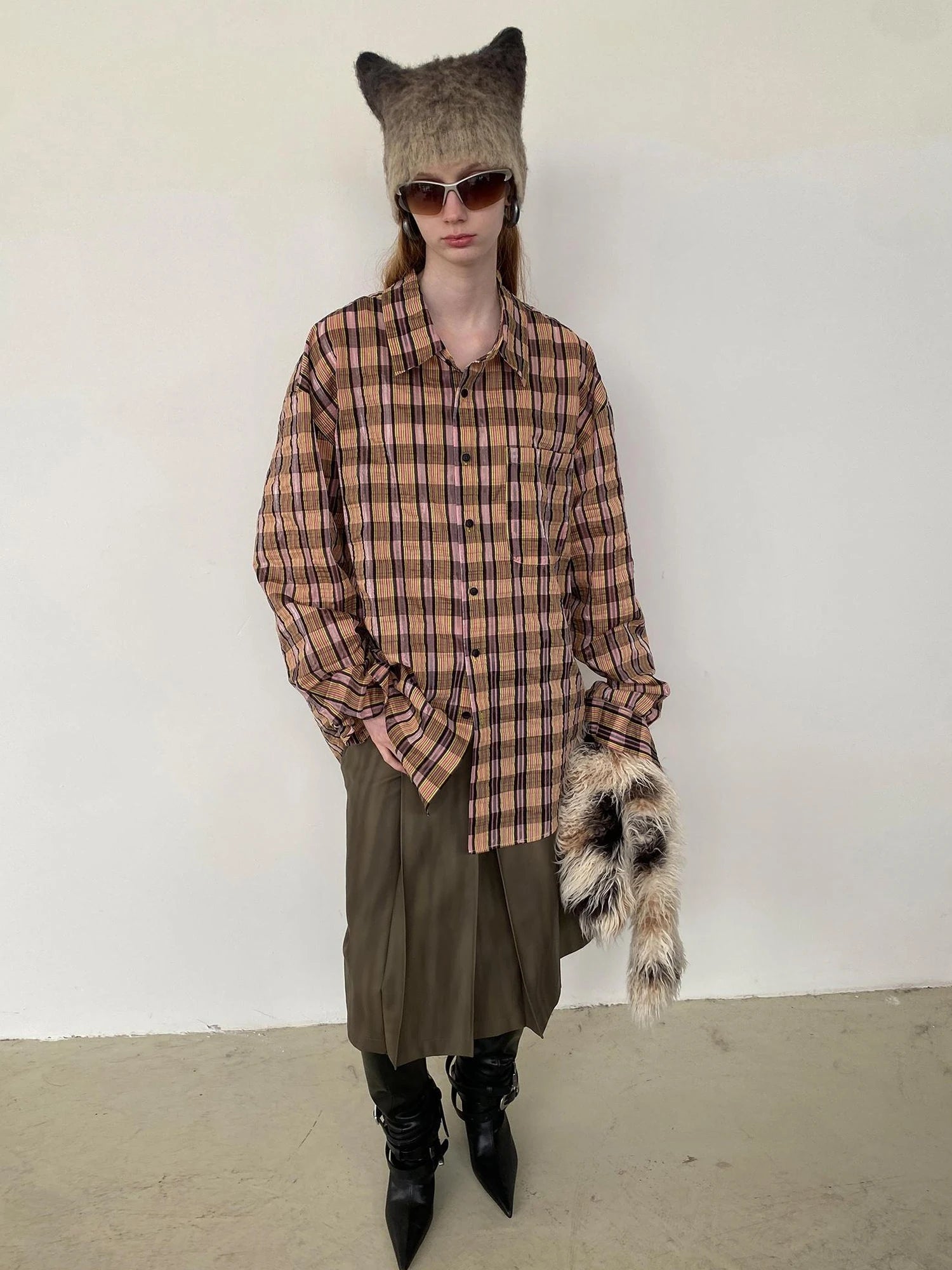 Textured Bubble Yarn Checkered Shirt With Sheen