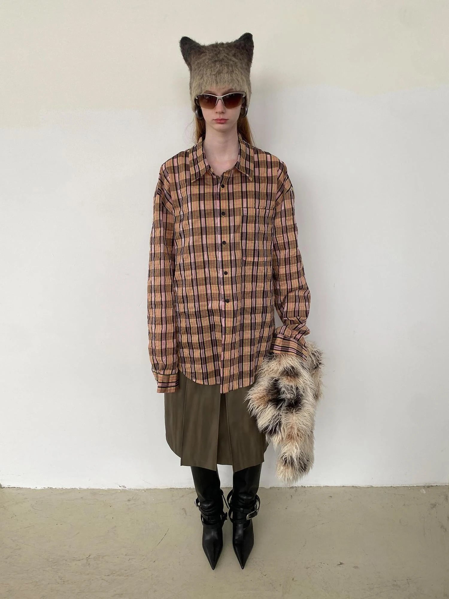 Textured Bubble Yarn Checkered Shirt With Sheen