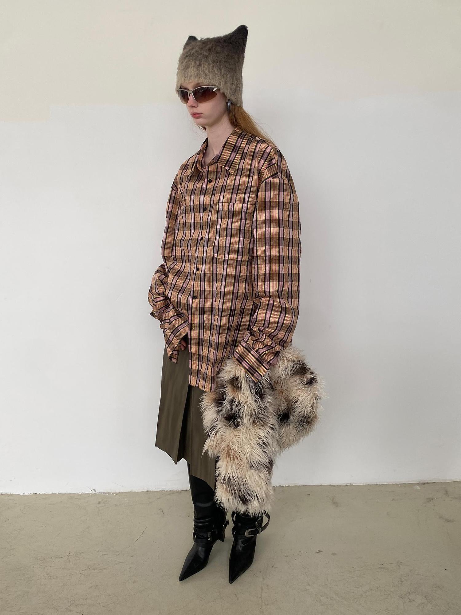 Delivery Textured Bubble Yarn Checkered Shirt With Sheen