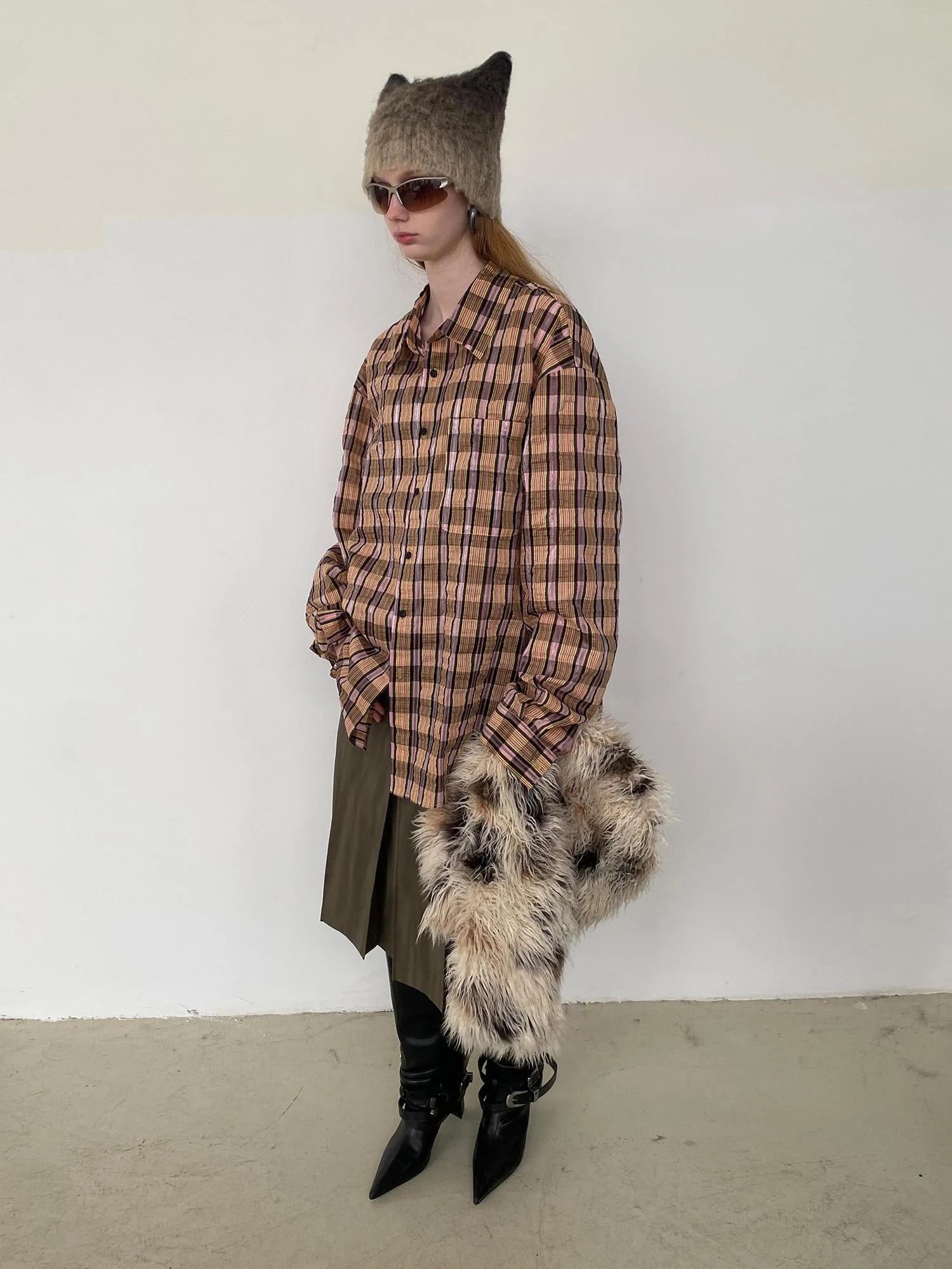 Textured Bubble Yarn Checkered Shirt With Sheen