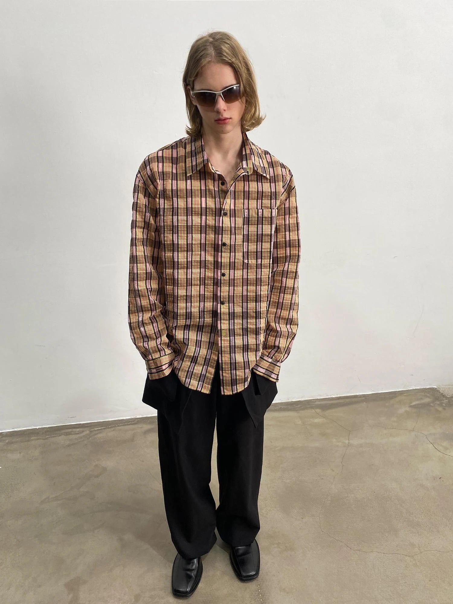 Textured Bubble Yarn Checkered Shirt With Sheen