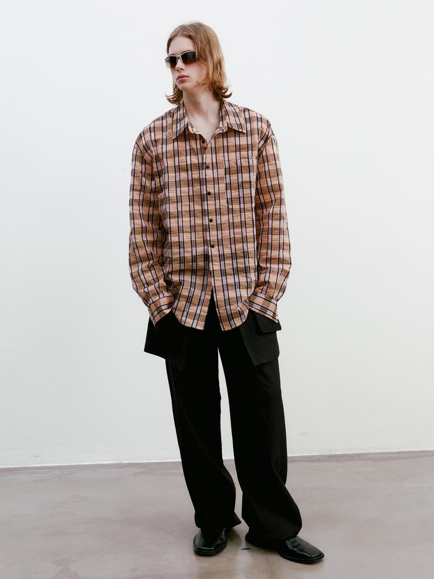 Delivery Textured Bubble Yarn Checkered Shirt With Sheen