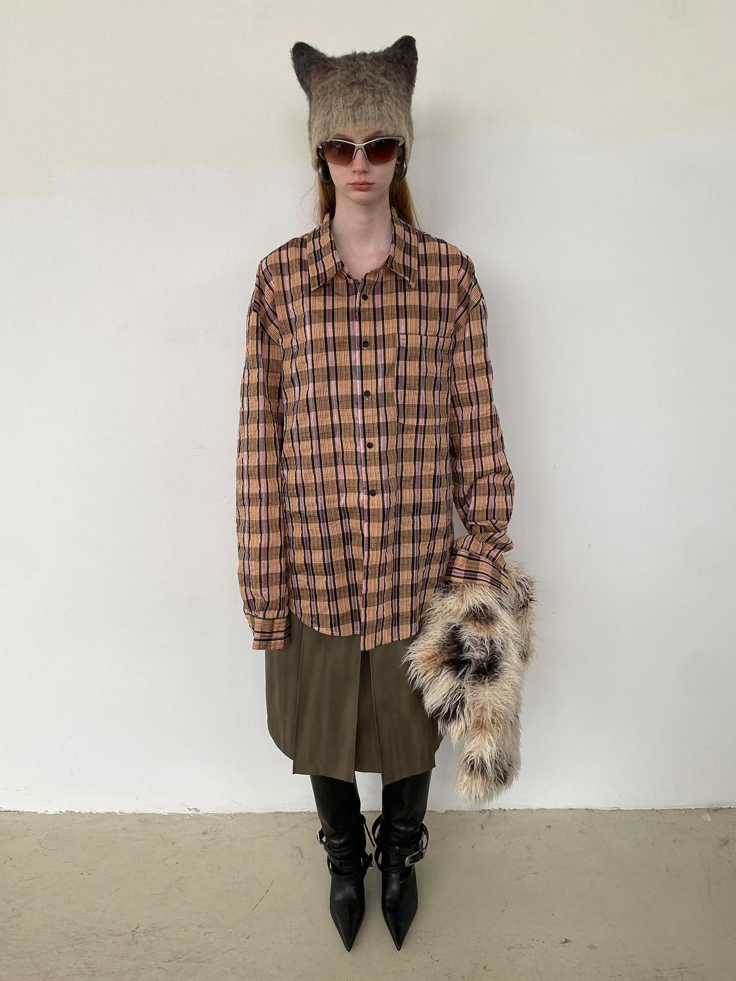Delivery Textured Bubble Yarn Checkered Shirt With Sheen